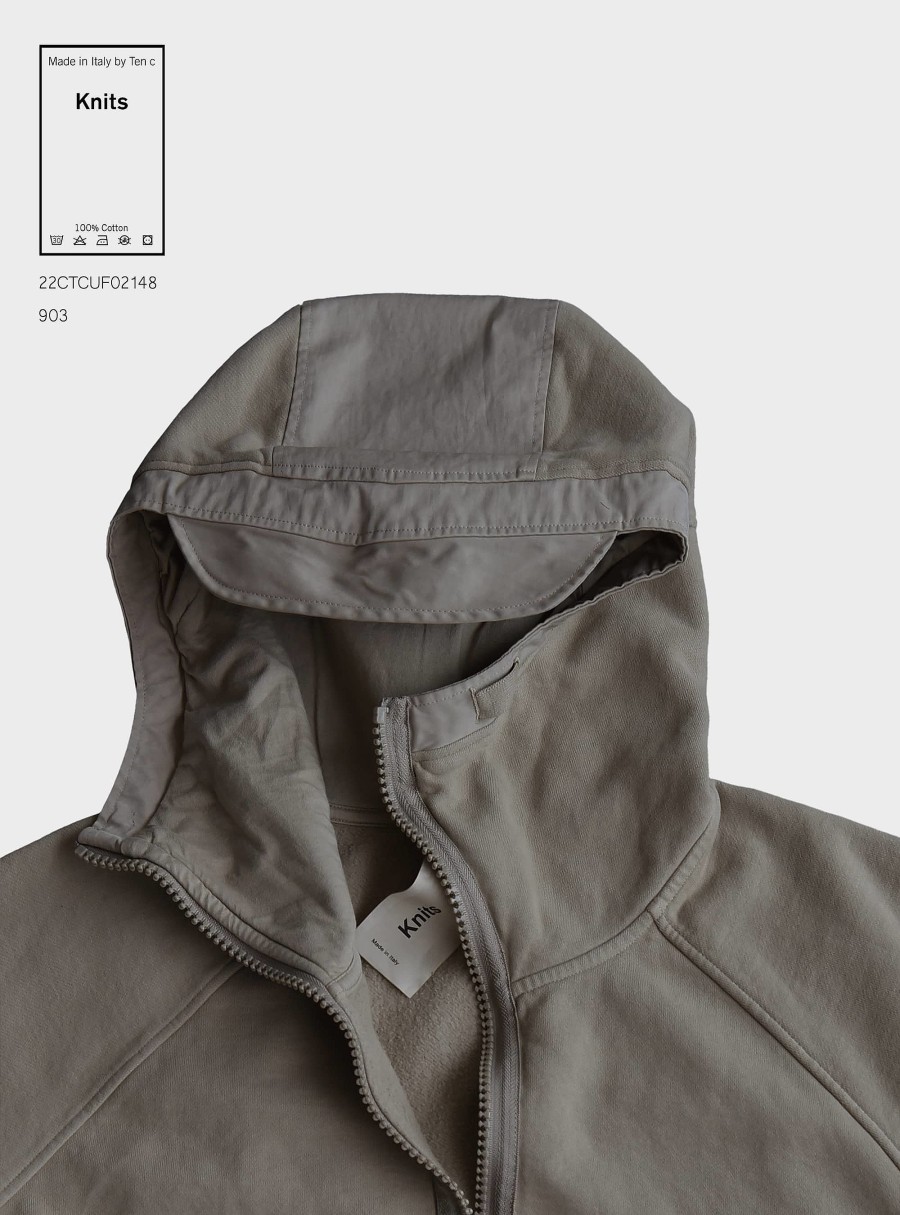 Clothing TEN C | Garment Dyed Zipped Hoodie Pale Taupe